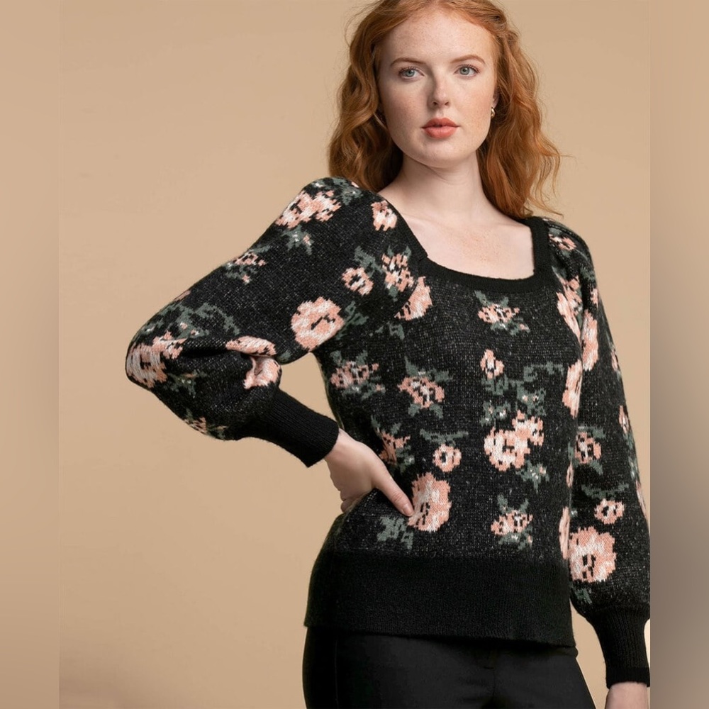 Ricki's Black Floral Square Neck Pullover Sweater Pink Green